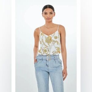 Generation Love Elliot Chain Cami Print Satin Camisole Top White Gold Size Small
